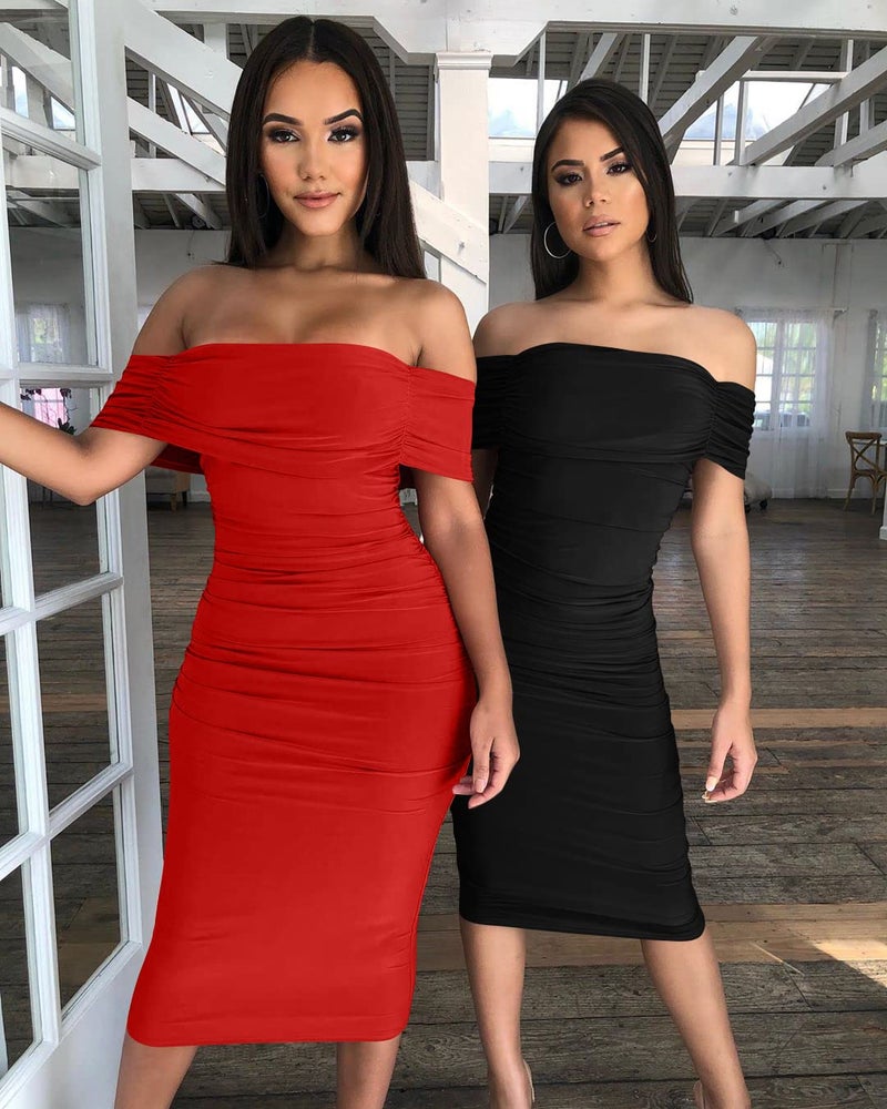 GOBLES Women's Ruched Off Shoulder Short Sleeve Bodycon Midi Elegant Cocktail Party Dress Black - Image 4